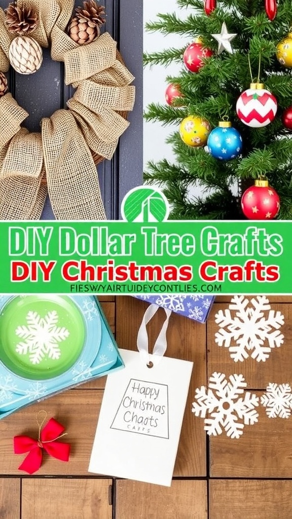 A variety of DIY Christmas crafts including a burlap wreath, painted ornaments, and snowflakes on a wooden table.